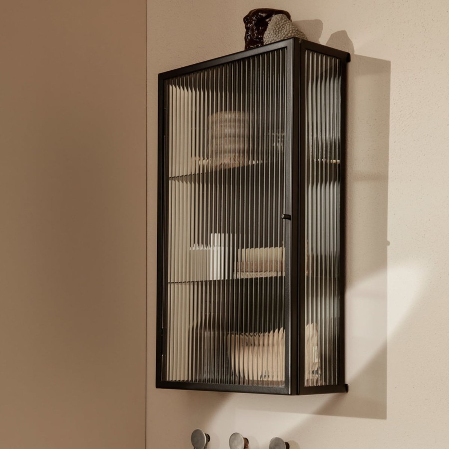 Home & Living Ferm Living Kitchen Storage | Ferm Living Haze Wall Cabinet - Reeded Glass Black